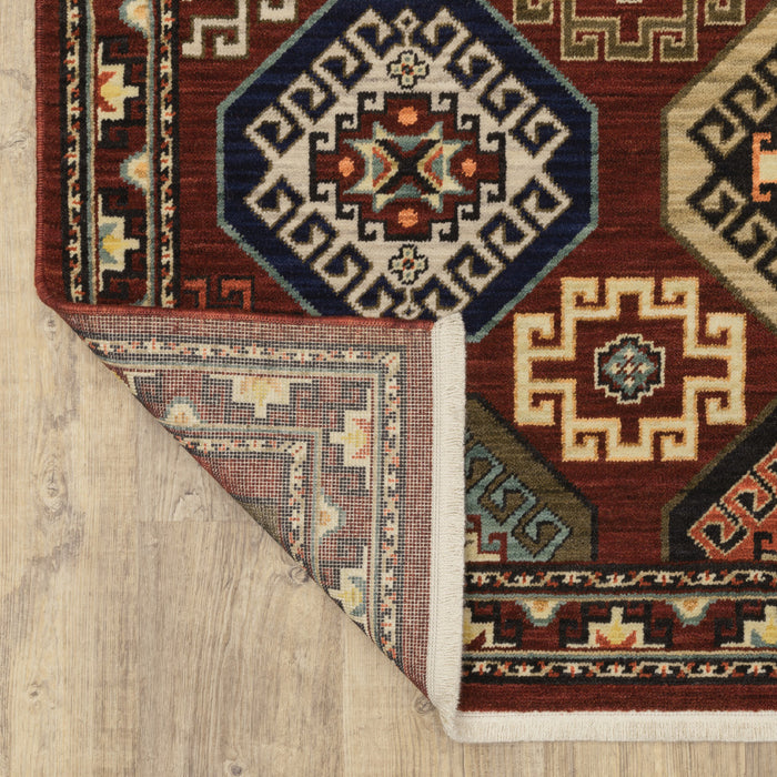 10' X 13' Red Blue Brown And Beige Oriental Power Loom Stain Resistant Area Rug With Fringe