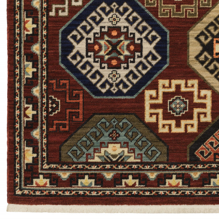 10' X 13' Red Blue Brown And Beige Oriental Power Loom Stain Resistant Area Rug With Fringe