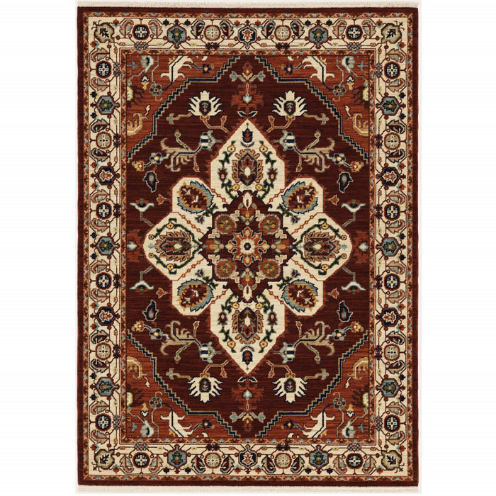 10' X 13' Red Ivory Orange And Blue Oriental Power Loom Stain Resistant Area Rug With Fringe