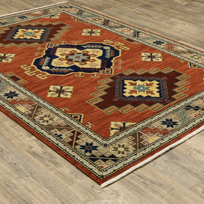 10' X 13' Red Gold Blue Brown Oriental Power Loom Stain Resistant Area Rug With Fringe