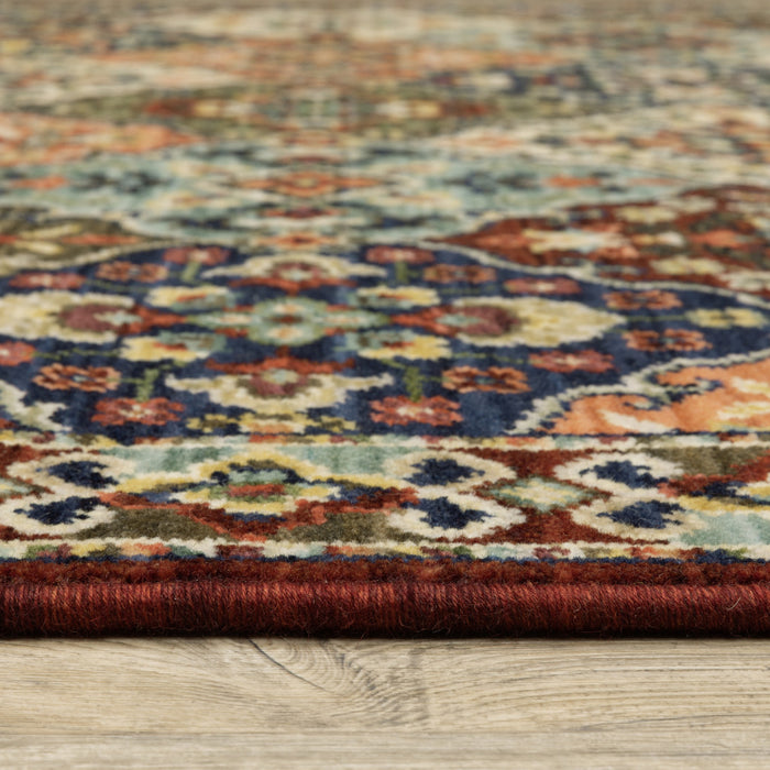 10' X 13' Red Rust Navy Light Blue Brown Orange Ivory And Gold Oriental Power Loom Stain Resistant Area Rug With Fringe