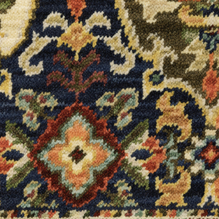 10' X 13' Red Rust Navy Light Blue Brown Orange Ivory And Gold Oriental Power Loom Stain Resistant Area Rug With Fringe