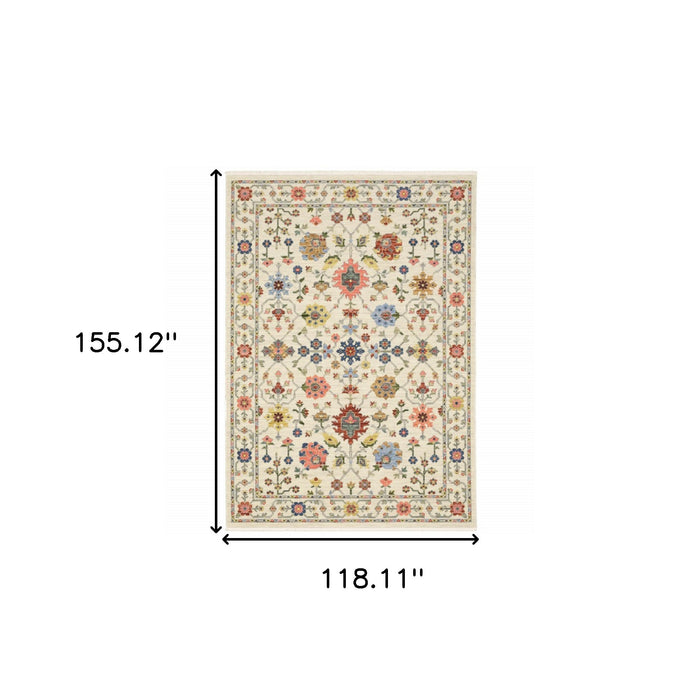 10' X 13' Ivory Salmon Pink Gold Blues Grey Rust And Green Oriental Power Loom Stain Resistant Area Rug With Fringe