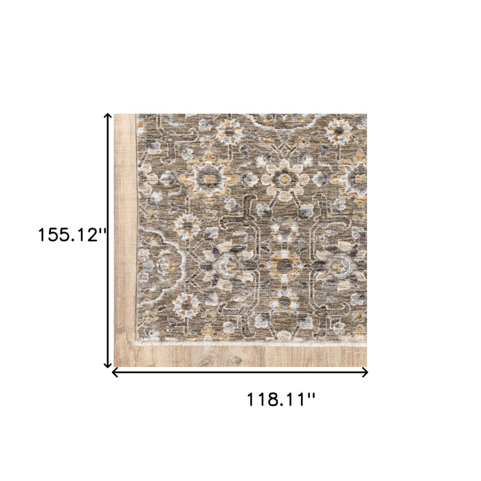 10' X 13' Grey And Tan Floral Power Loom Stain Resistant Area Rug With Fringe