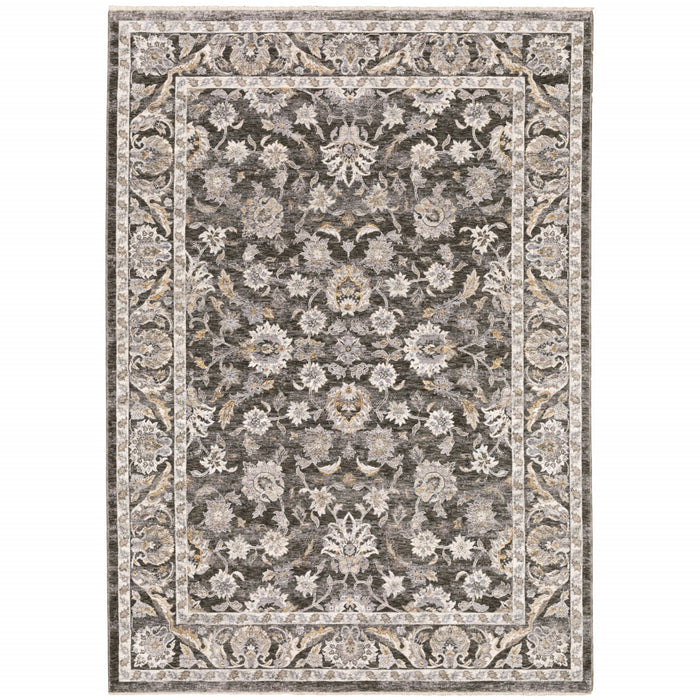 3' X 5' Grey And Ivory Oriental Power Loom Stain Resistant Area Rug With Fringe