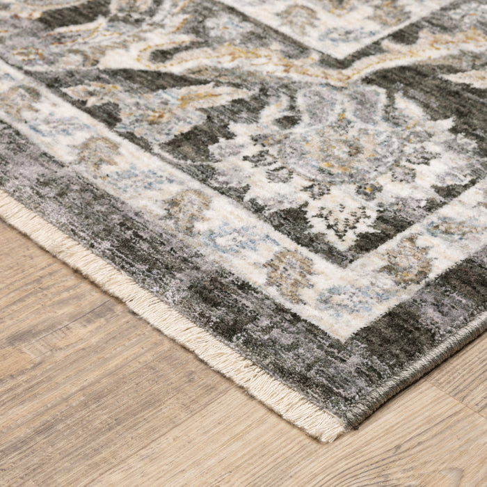 8' X 11' Grey And Ivory Oriental Power Loom Stain Resistant Area Rug With Fringe