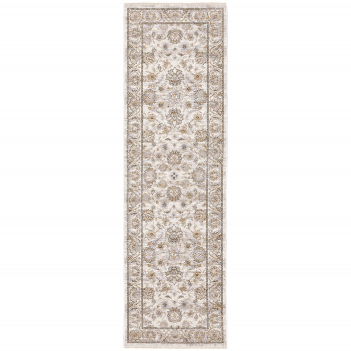 2' X 8' Ivory And Grey Oriental Power Loom Stain Resistant Runner Rug With Fringe