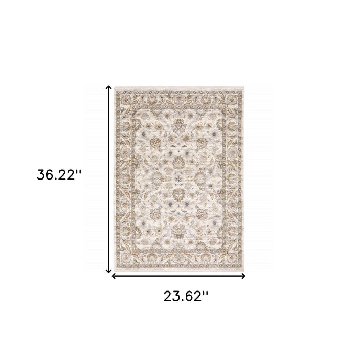 2' X 3' Ivory And Grey Oriental Power Loom Stain Resistant Area Rug With Fringe