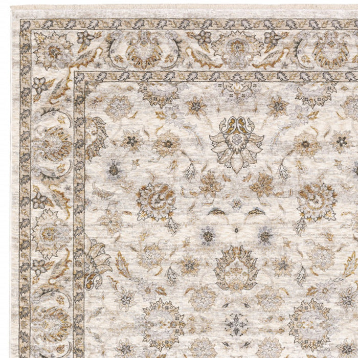 2' X 3' Ivory And Grey Oriental Power Loom Stain Resistant Area Rug With Fringe