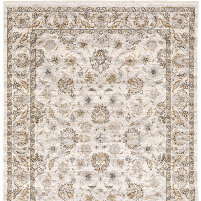 2' X 3' Ivory And Grey Oriental Power Loom Stain Resistant Area Rug With Fringe