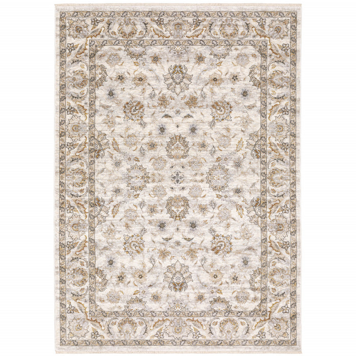 2' X 3' Ivory And Grey Oriental Power Loom Stain Resistant Area Rug With Fringe