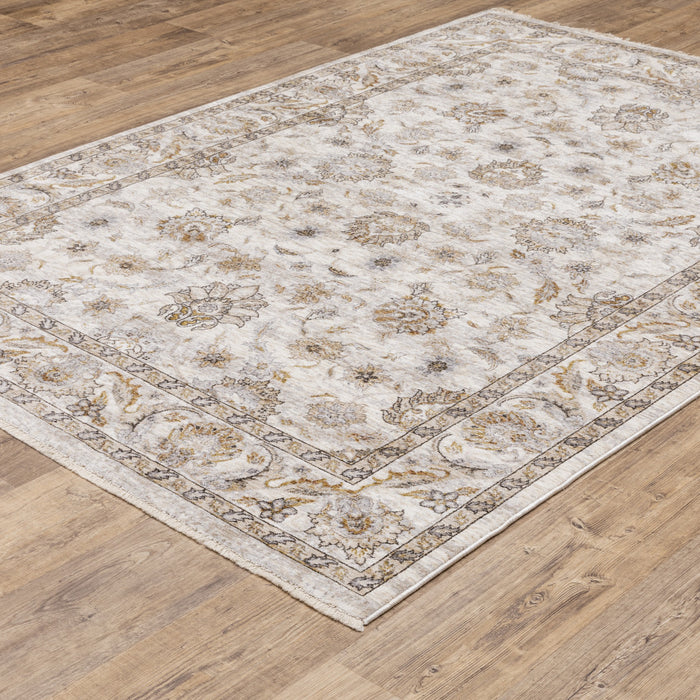 2' X 3' Ivory And Grey Oriental Power Loom Stain Resistant Area Rug With Fringe