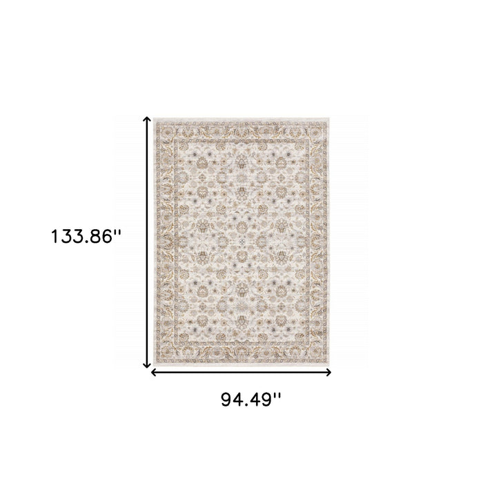 8' X 11' Ivory And Grey Oriental Power Loom Stain Resistant Area Rug With Fringe