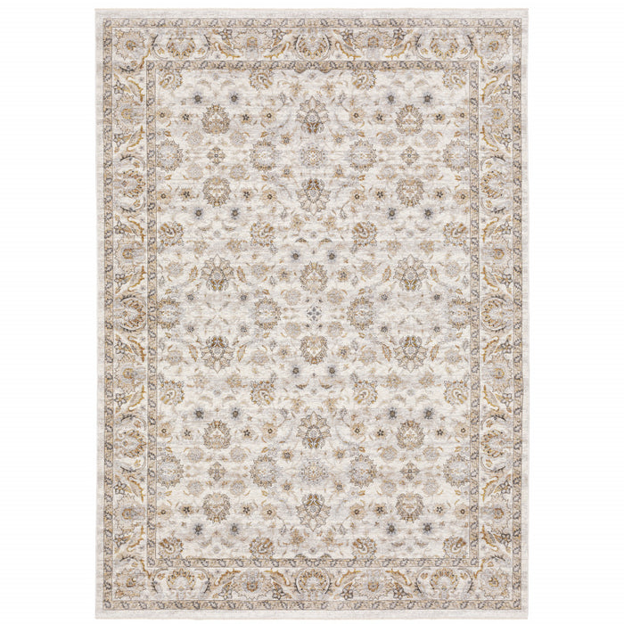 8' X 11' Ivory And Grey Oriental Power Loom Stain Resistant Area Rug With Fringe