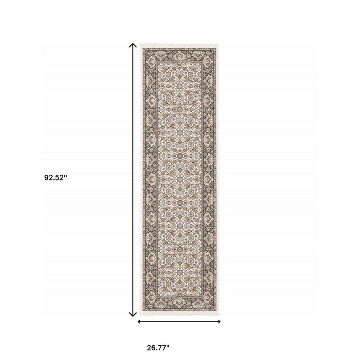 2' X 8' Ivory And Grey Oriental Power Loom Stain Resistant Runner Rug With Fringe