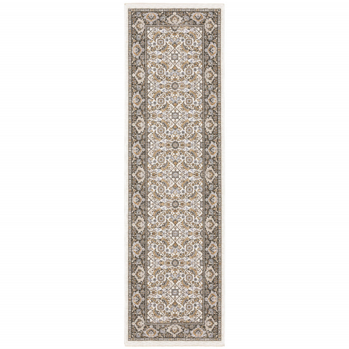 2' X 8' Ivory And Grey Oriental Power Loom Stain Resistant Runner Rug With Fringe