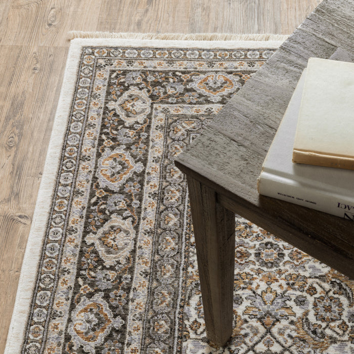 2' X 8' Ivory And Grey Oriental Power Loom Stain Resistant Runner Rug With Fringe