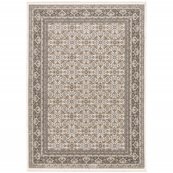 2' X 3' Ivory And Grey Oriental Power Loom Stain Resistant Area Rug With Fringe