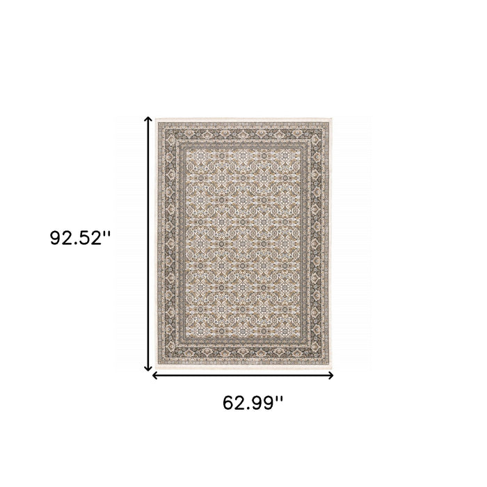 5' X 8' Ivory And Grey Oriental Power Loom Stain Resistant Area Rug With Fringe