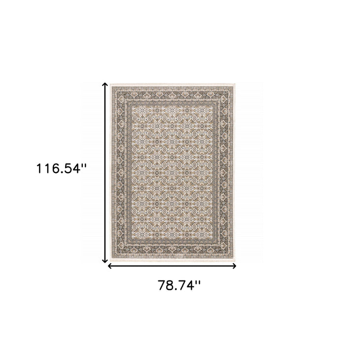 7' X 10' Gray and Ivory Oriental Power Loom Area Rug With Fringe