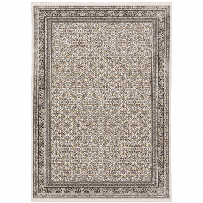 8' X 11' Gray and Ivory Oriental Power Loom Area Rug With Fringe