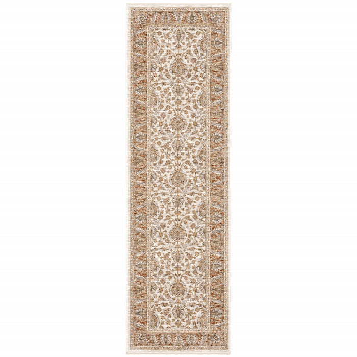 2' X 8' Rust And Ivory Oriental Power Loom Stain Resistant Runner Rug With Fringe