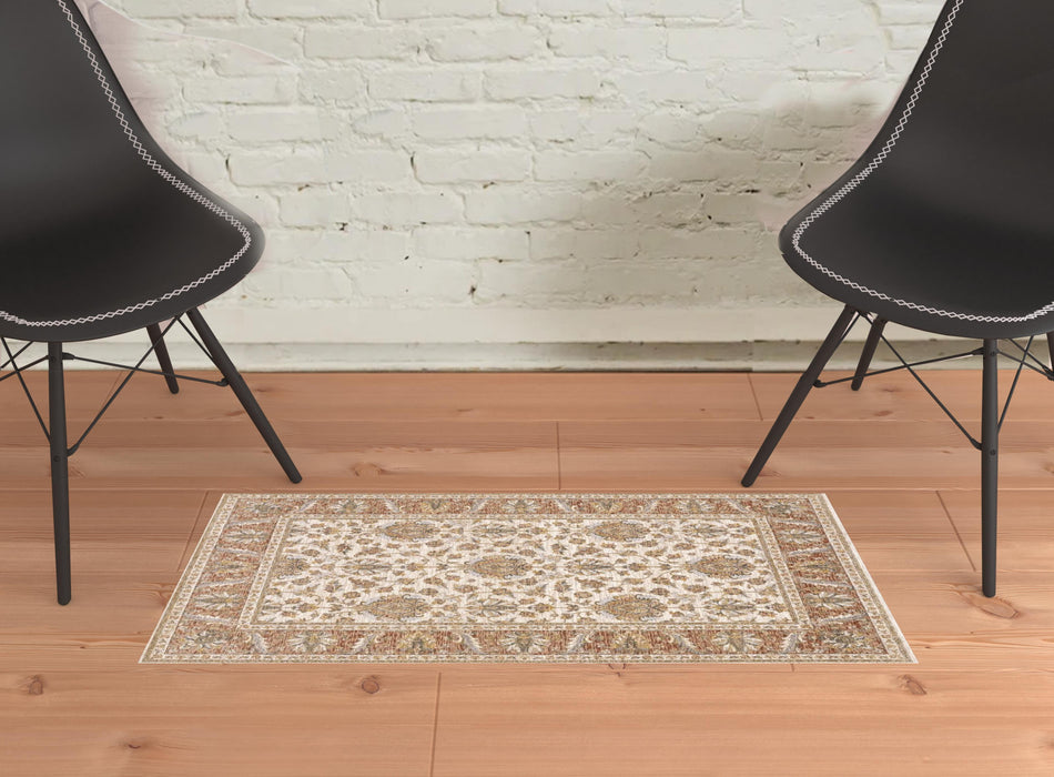 2' X 3' Rust And Ivory Oriental Power Loom Stain Resistant Area Rug With Fringe