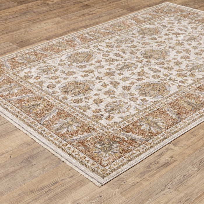 2' X 3' Rust And Ivory Oriental Power Loom Stain Resistant Area Rug With Fringe