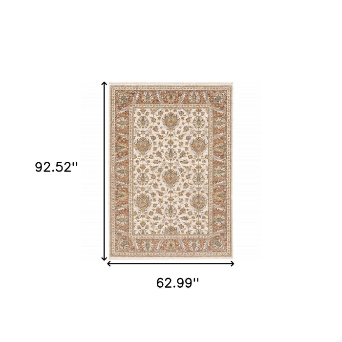 5' X 8' Rust And Ivory Oriental Power Loom Stain Resistant Area Rug With Fringe