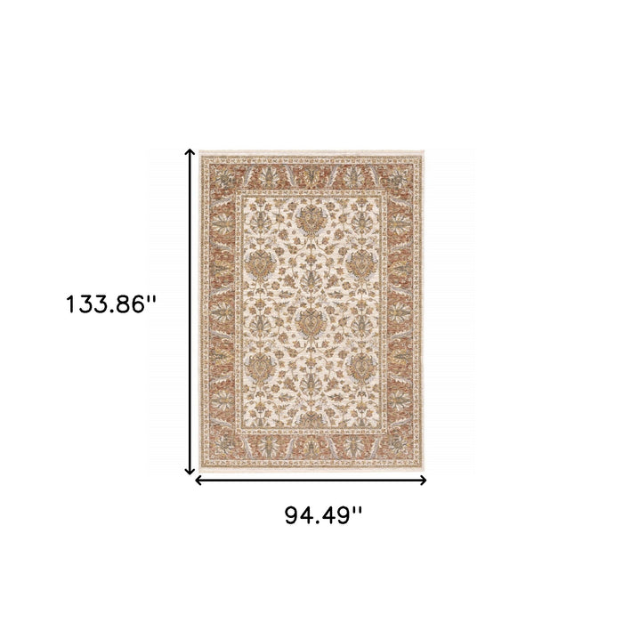 8' X 11' Rust And Ivory Oriental Power Loom Stain Resistant Area Rug With Fringe