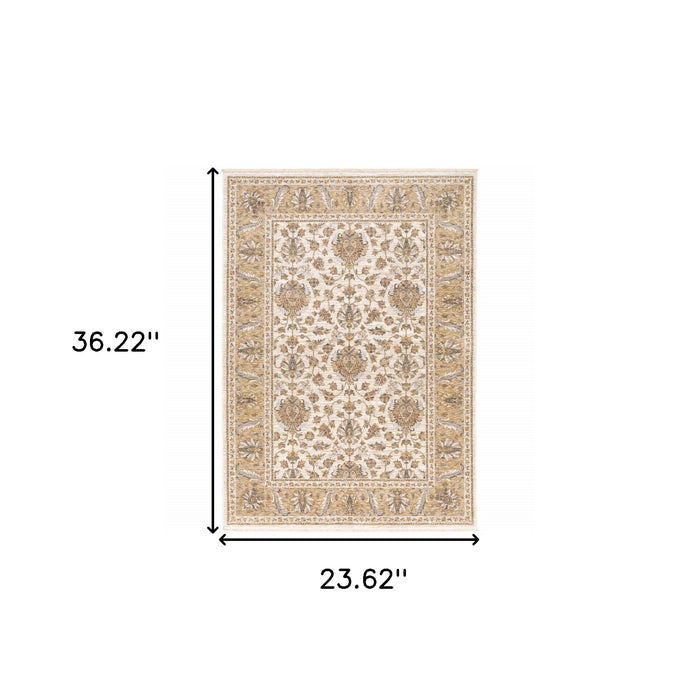 2' X 3' Ivory And Gold Oriental Power Loom Stain Resistant Area Rug With Fringe