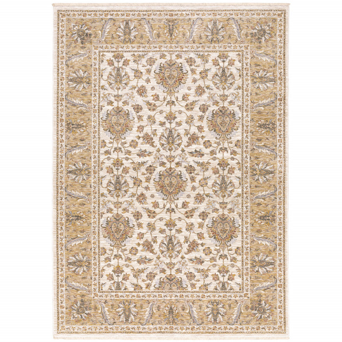 2' X 3' Ivory And Gold Oriental Power Loom Stain Resistant Area Rug With Fringe