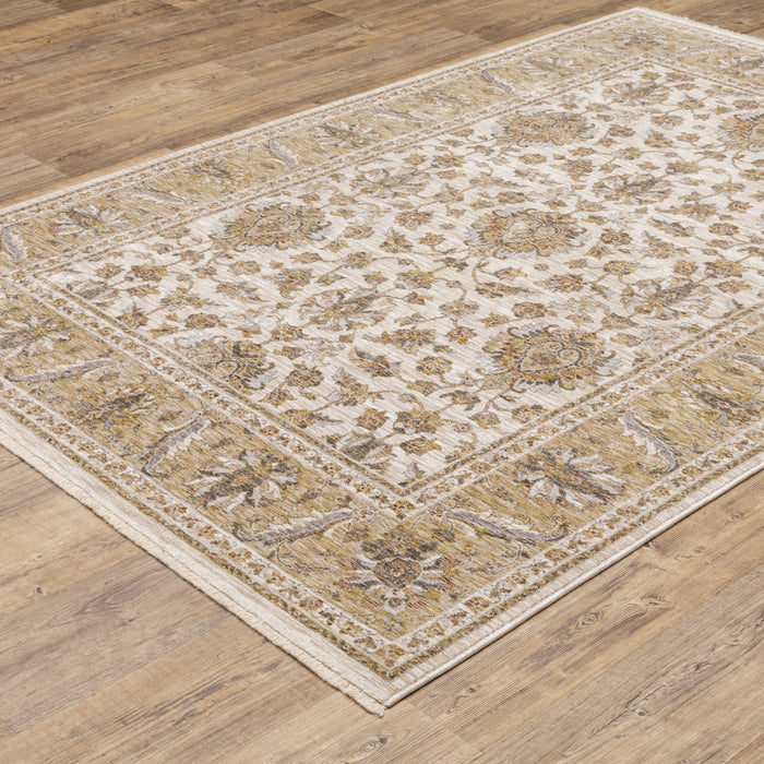 8' X 11' Ivory And Gold Oriental Power Loom Stain Resistant Area Rug With Fringe