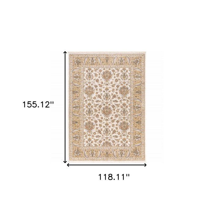 10' X 13' Ivory And Gold Oriental Power Loom Stain Resistant Area Rug With Fringe