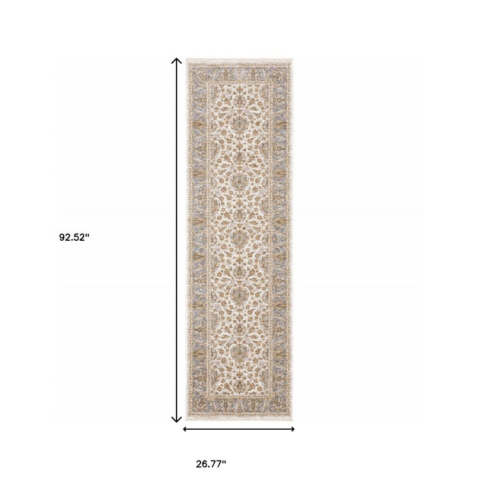 2' X 8' Ivory And Blue Oriental Power Loom Stain Resistant Runner Rug With Fringe