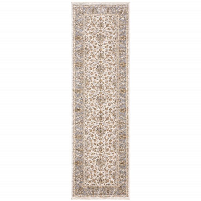 2' X 8' Ivory And Blue Oriental Power Loom Stain Resistant Runner Rug With Fringe