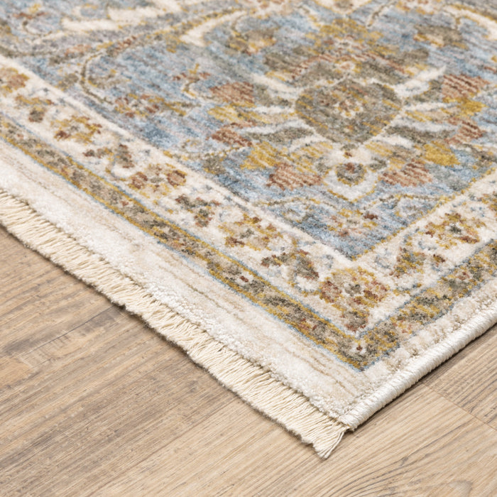 2' X 3' Ivory And Blue Oriental Power Loom Stain Resistant Area Rug With Fringe