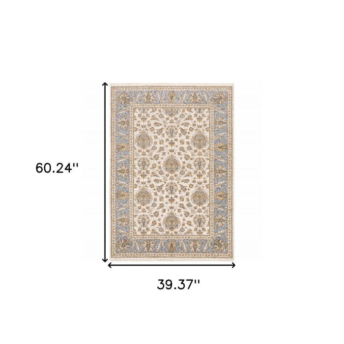 3' X 5' Ivory And Blue Oriental Power Loom Stain Resistant Area Rug With Fringe