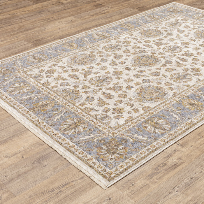 6' X 9' Ivory And Blue Oriental Power Loom Stain Resistant Area Rug With Fringe