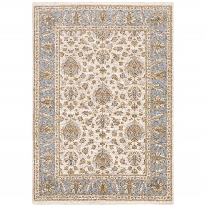 10' X 13' Ivory And Blue Oriental Power Loom Stain Resistant Area Rug With Fringe