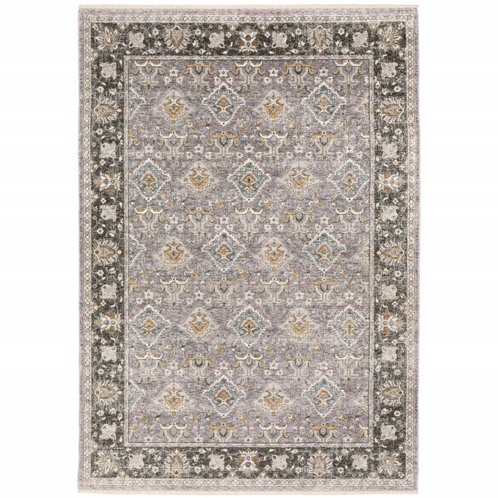 2' X 3' Grey And Blue Oriental Power Loom Stain Resistant Area Rug With Fringe