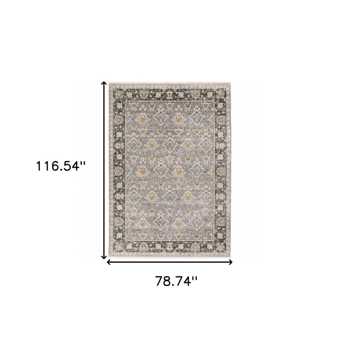 7' X 10' Blue and Gray Oriental Power Loom Area Rug With Fringe