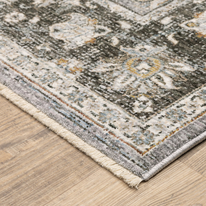 7' X 10' Blue and Gray Oriental Power Loom Area Rug With Fringe