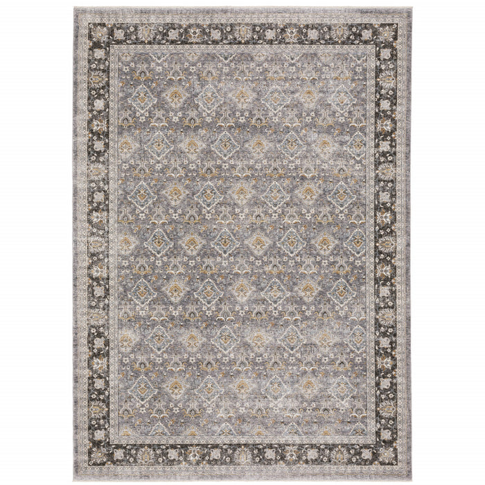 8' X 11' Grey And Blue Oriental Power Loom Stain Resistant Area Rug With Fringe