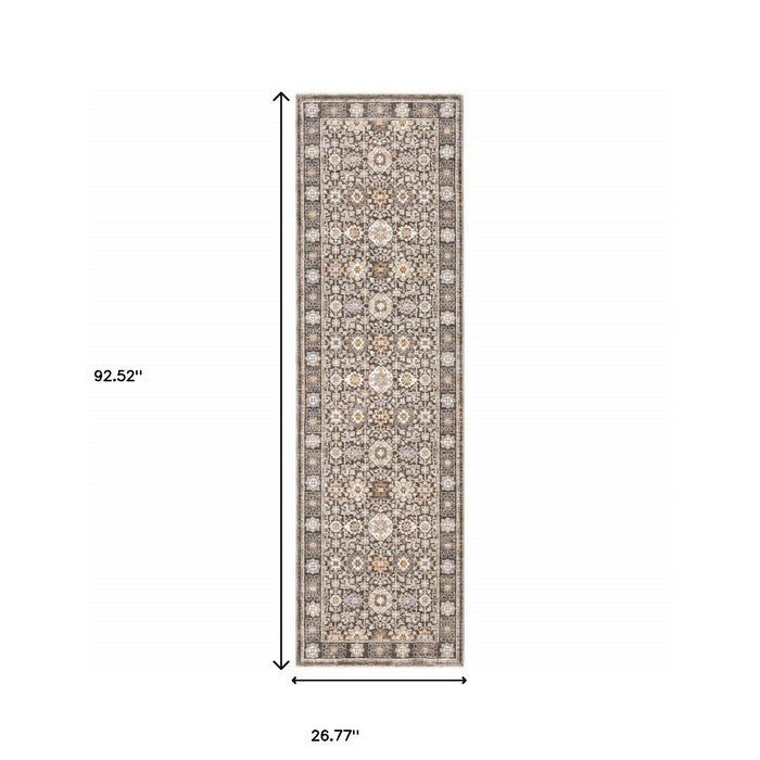 2' X 8' Grey And Ivory Oriental Power Loom Stain Resistant Runner Rug With Fringe