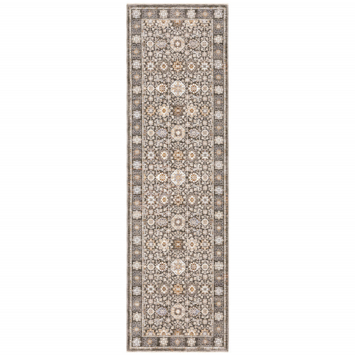 2' X 8' Grey And Ivory Oriental Power Loom Stain Resistant Runner Rug With Fringe