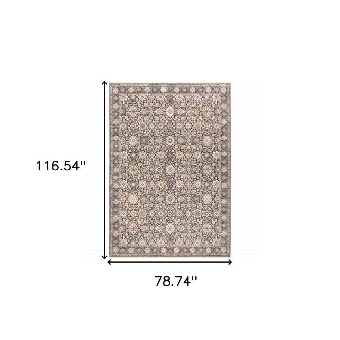 7' X 10' Gray and Ivory Oriental Power Loom Area Rug With Fringe