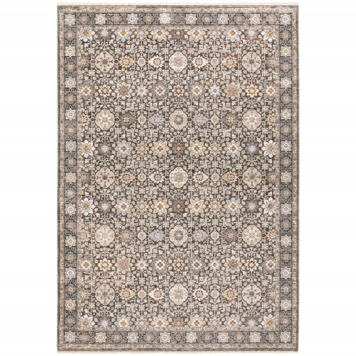 7' X 10' Gray and Ivory Oriental Power Loom Area Rug With Fringe