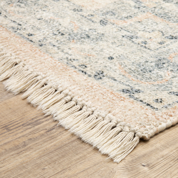 5' X 8' Beige And Grey Oriental Hand Loomed Stain Resistant Area Rug With Fringe