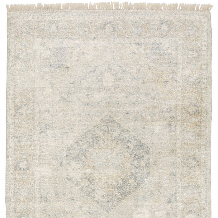 10' X 13' Beige And Grey Oriental Hand Loomed Stain Resistant Area Rug With Fringe